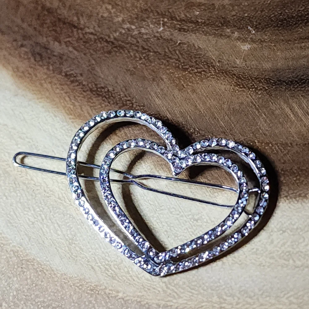 Elegant Hair Clip or Barrette with Silver Tone, Crystal Encrusted Double Hearts